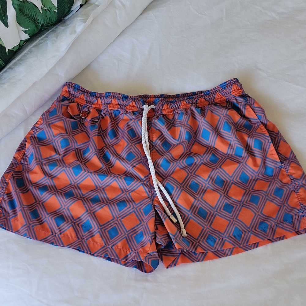 Kiton Orange and Blue Geometric Swim Shorts Sz XL Retail $345